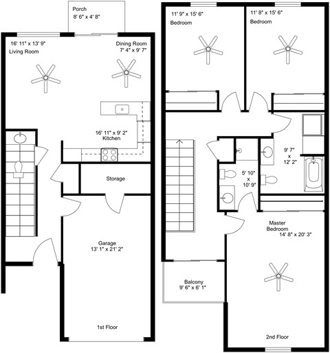 Floor plan for 3 beds, 2.5 baths, 1300 sqft